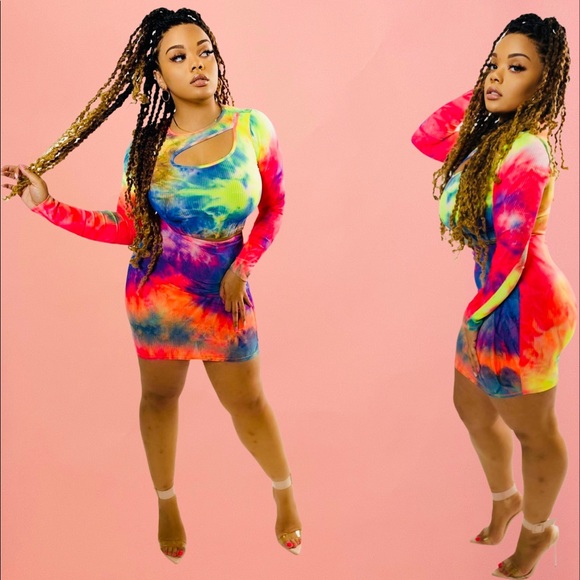 LOVE J Tie Dye Multi Neon Color Crop Top Skirt Set - Picture 2 of 12